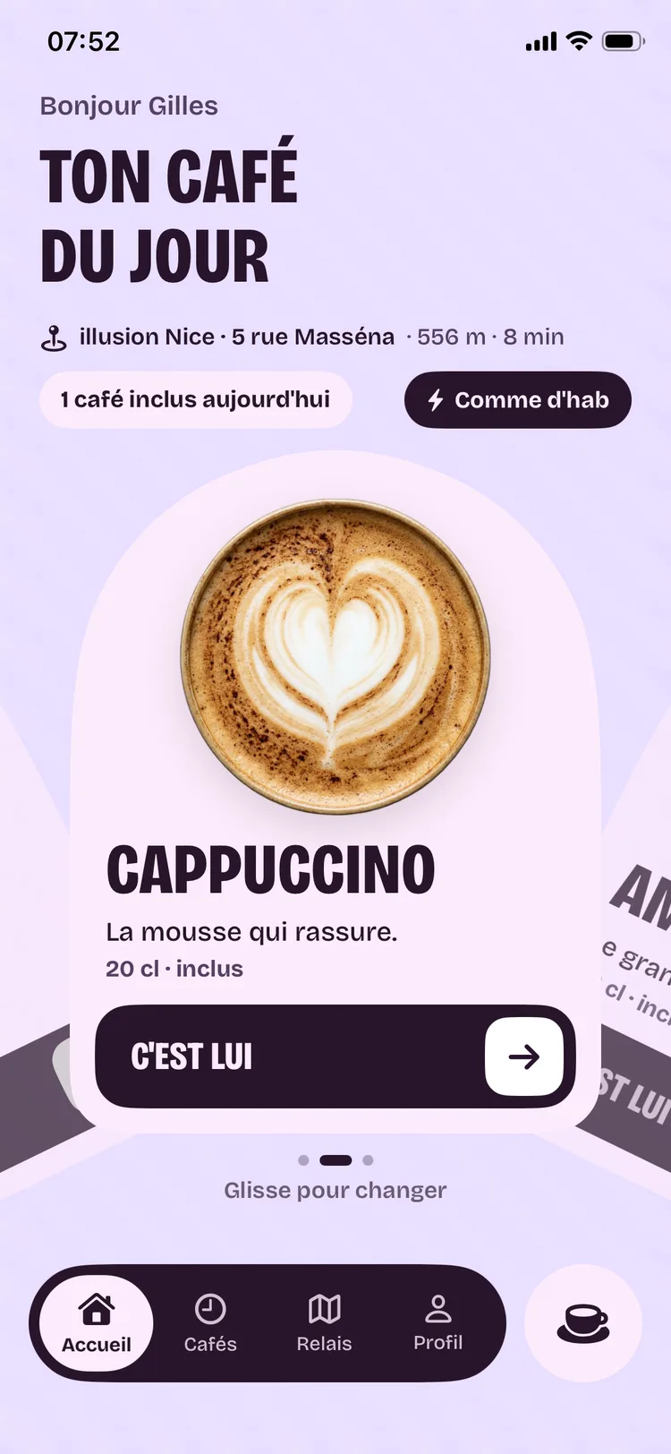 L'écran d'accueil de l'app : le cappuccino du jour, prêt à commander