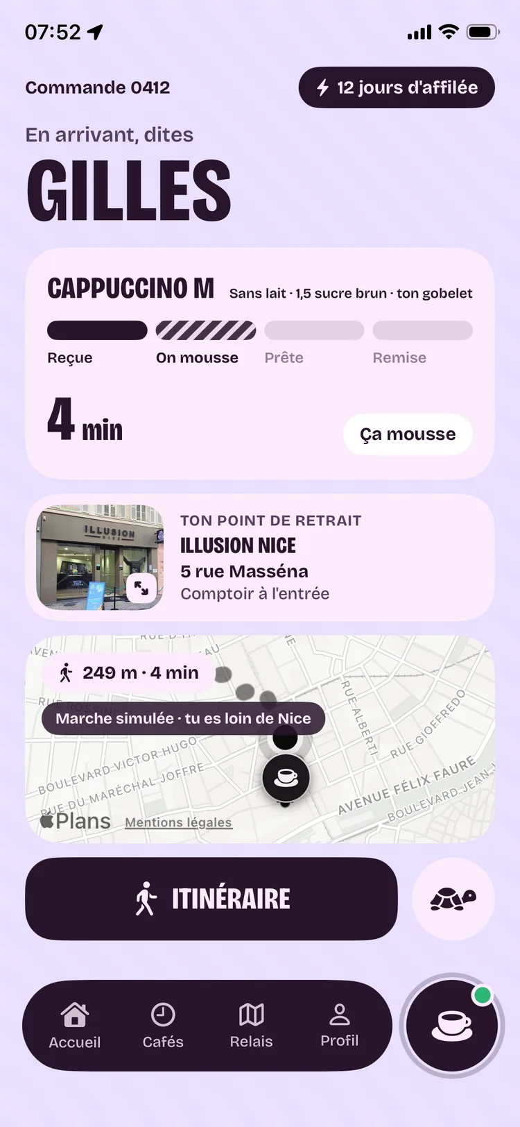 Le café en préparation, avec le temps avant l'arrivée